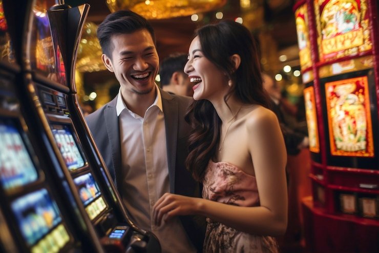 Kontrol permainan Bikini Paradise dengan tombol spin dan pengaturan taruhan